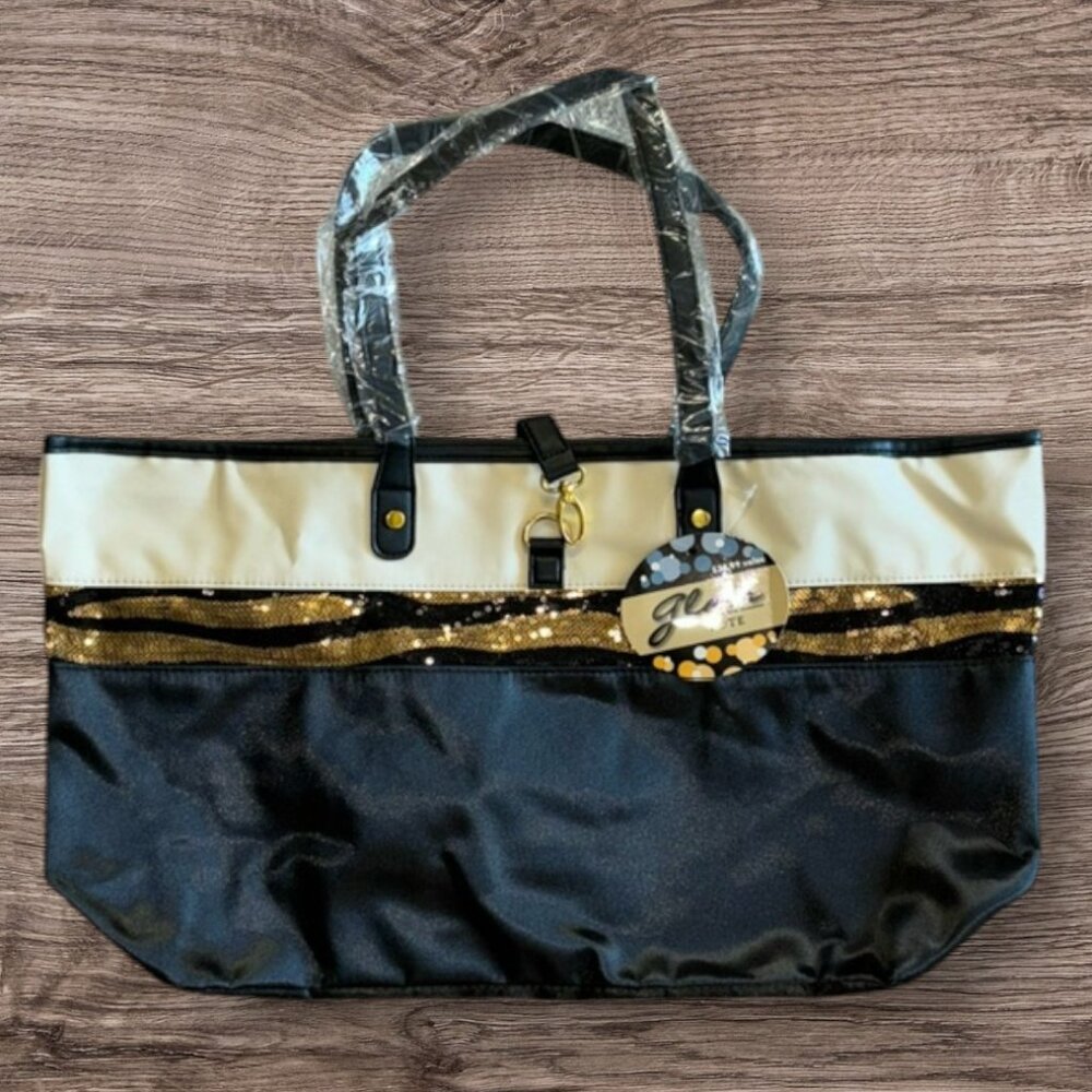 Glam Tote Black & Cream/Tan with Gold Metal and Sequin Accents NWT